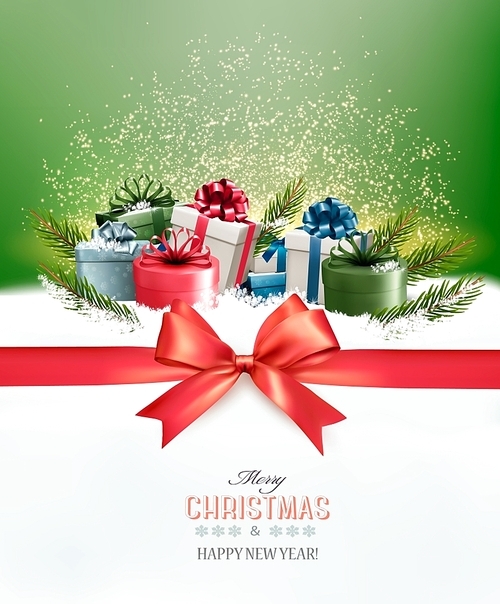 Holiday Christmas background with colorful gift boxes and a red gift ribbon. Vector