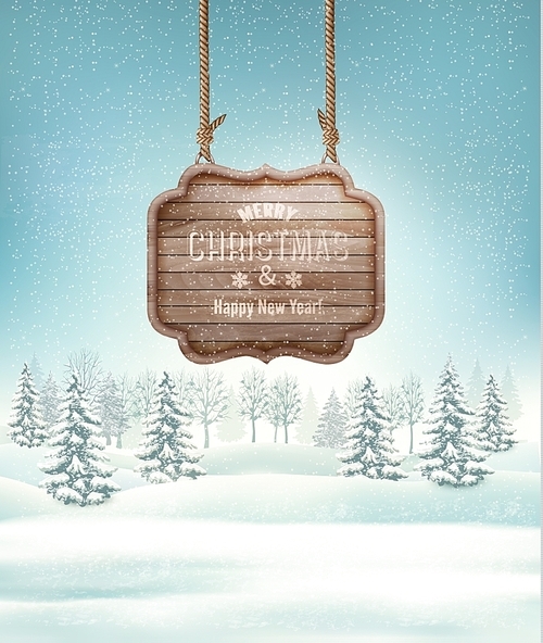 Winter landscape with a wooden ornate Merry Christmas sign. Vector.