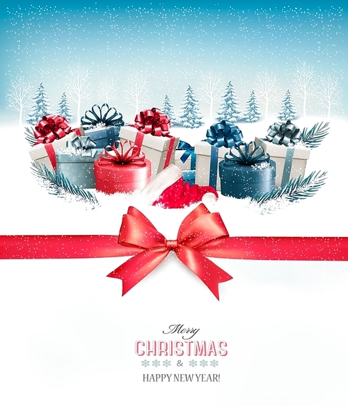 Merry Christmas Background with a red ribbon and gift boxes.Vector