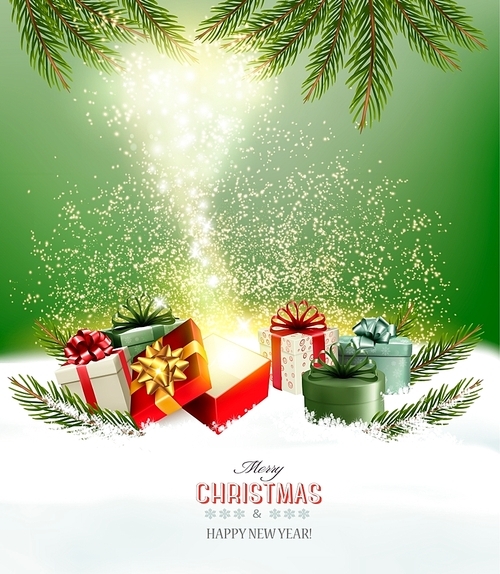 Christmas holiday background with presents and magic box. Vector