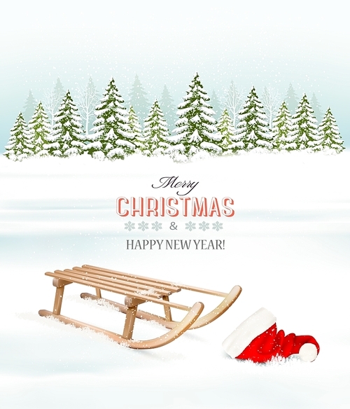 Winter Christmas background with a sleigh and a santa hat. Vector.