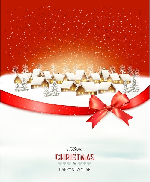 Holiday christmas winter background with a village landscape and a bow. Vector.