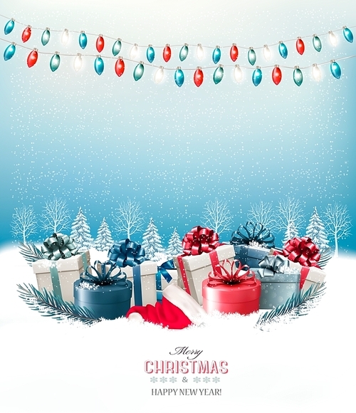 Holiday Christmas background with a gift boxes and a garland. Vector.