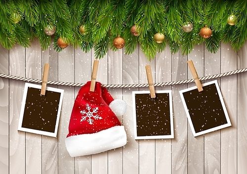 Сhristmas background with photos and a Santa hat. Vector.