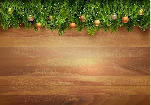 Christmas tree branches with baubles on a wooden background. Vector.