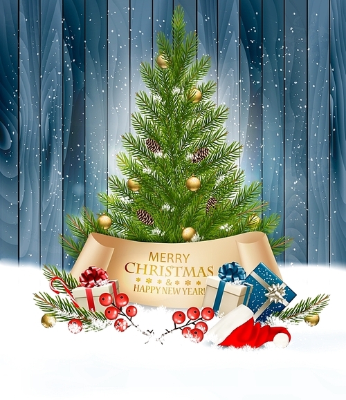 Holiday background with a Christmas tree and presents with santa hat. Vector