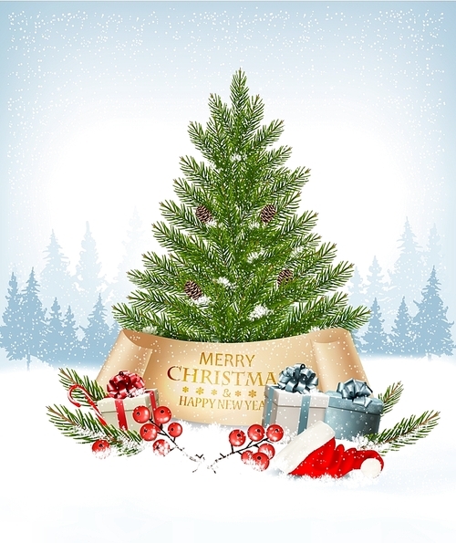 Christmas tree and Santa hat with presents background. Vector.