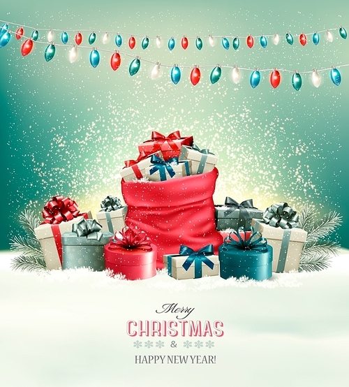 Holiday Christmas background with a sack full of gift boxes and garland. Vector