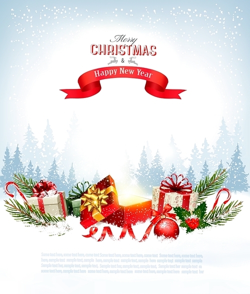 Christmas holiday background with presents and magic box. Vector.