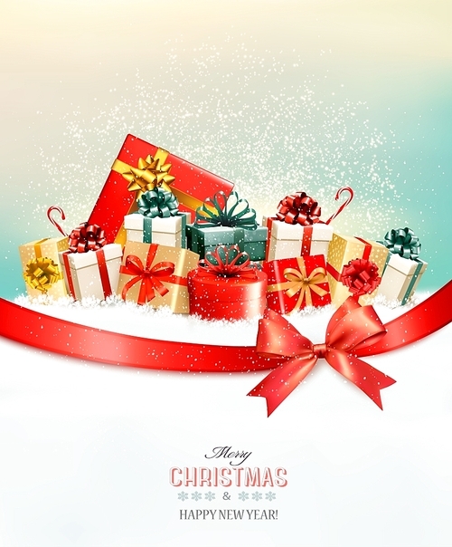 Holiday Christmas background with presents.and a gift bow. Vector