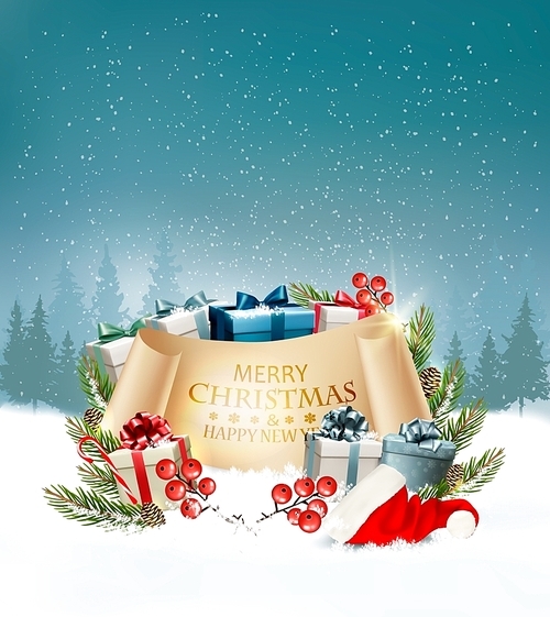 Holiday Christmas background with a gift boxes and Santa hat. Vector.