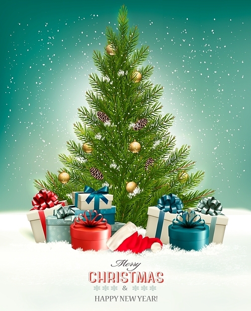 Christmas background with a Christmas tree and presents with santa hat. Vector.