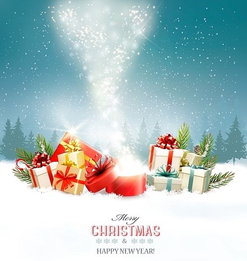 Christmas holiday background with presents and magic box. Vector.