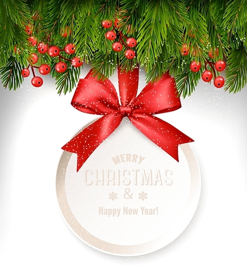 Christmas background with a gift card and branches of tree. Vector.