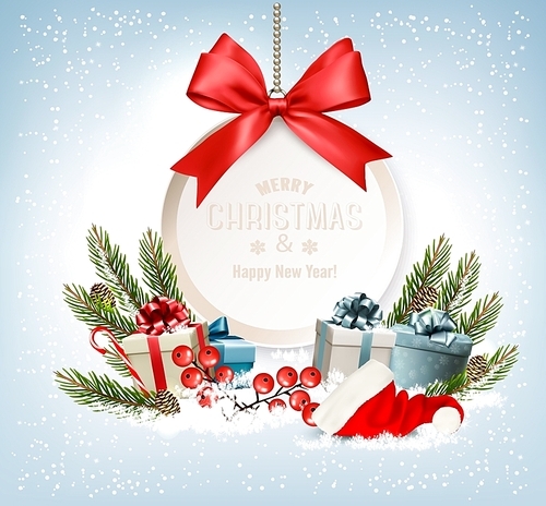Holiday Christmas background with a gift boxes and gift card with red bow. Vector