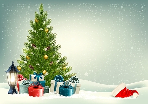 Retro holiday background with a Christmas tree and presents. Vector.