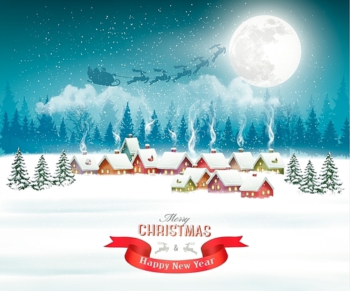 Winter village night Christmas background. Vector.