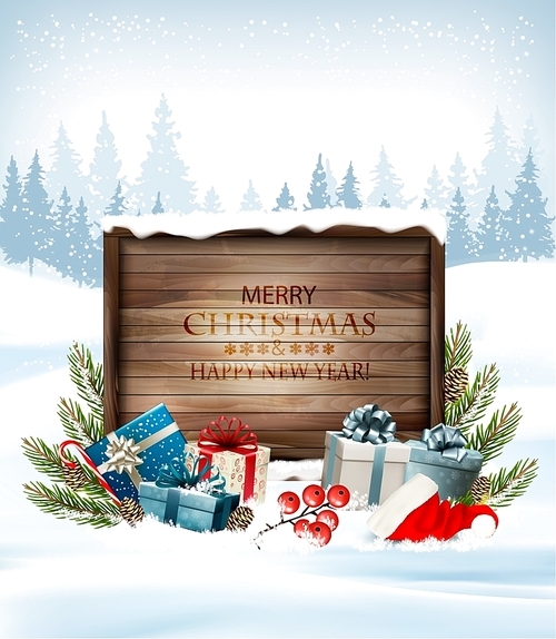 Christmas background with a retro wooden sign and gift boxes. Vector