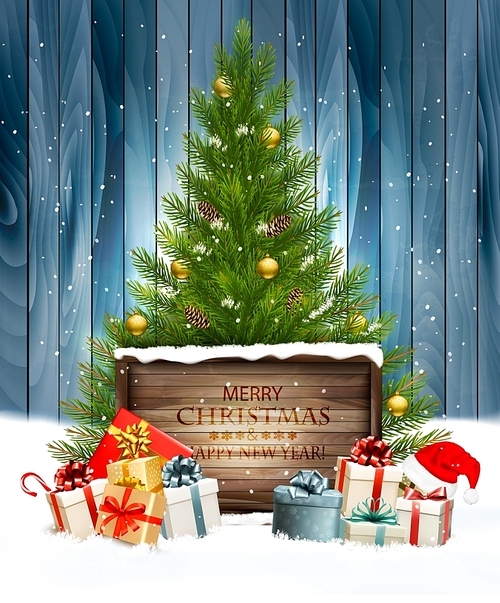 Holiday background with a Christmas tree and presents with santa hat. Vector