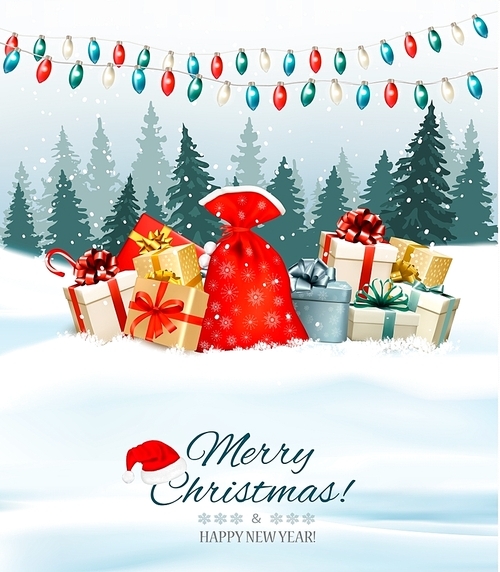 Holiday Christmas background with a sack full of gift boxes and garland. Vector