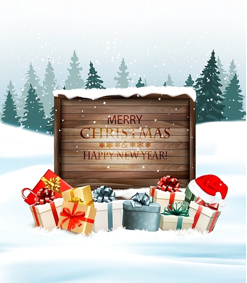 Holiday Christmas background with a gift boxes and Santa hat. Vector.