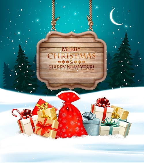 Holiday Christmas background with gift boxes and wooden sign. Vector