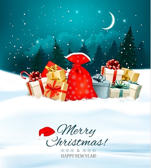 Holiday Christmas background with a sack full of gift boxes. Vector