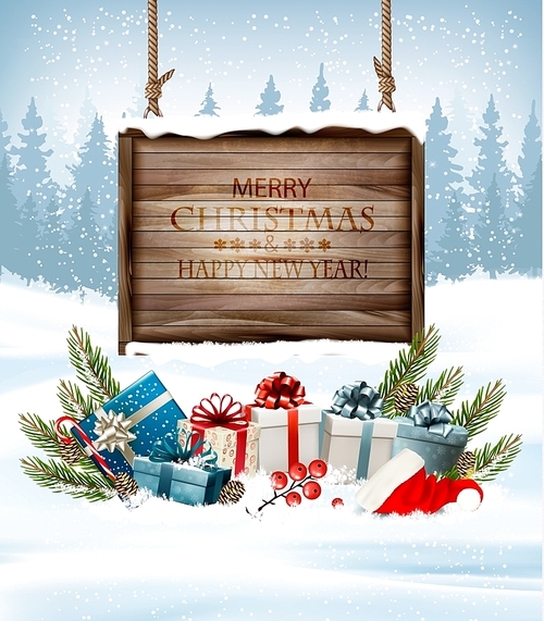 Christmas background with a retro wooden sign and gift boxes. Vector