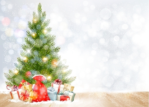 Holiday background with a Christmas tree and presents. Vector