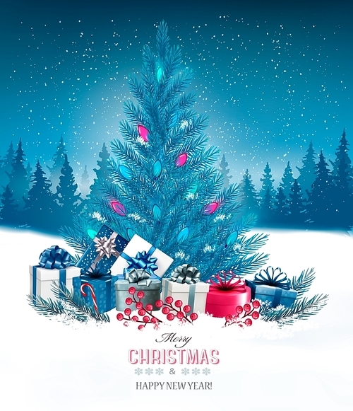 Holiday background with a blue Christmas tree and presents. Vector