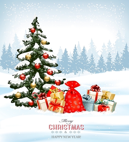 Holiday Christmas background with a sack full of gift boxes and Christmas tree. Vector.