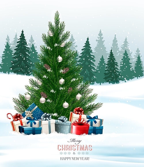 Christmas background with a Christmas tree and presents. Vector.
