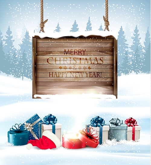 Holiday Christmas background with a gift boxes and Santa hat. Vector.