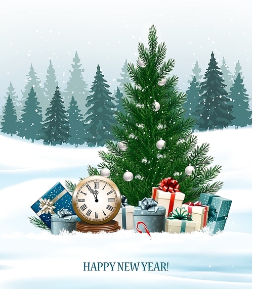 Holiday background with a Christmas tree and presents and clock. Vector.