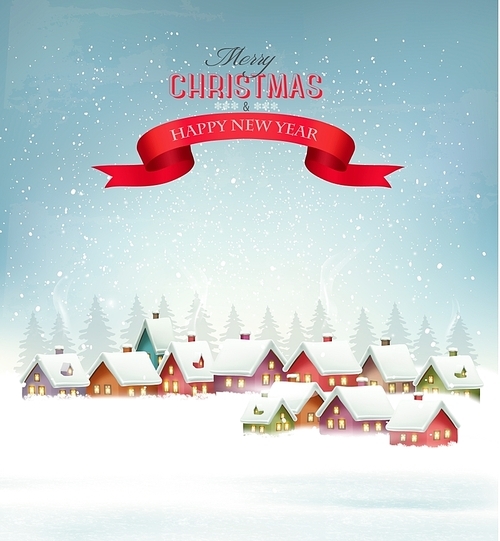 Winter christmas background with a snowy village landscape. Vector.