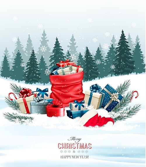 Holiday Christmas background with a sack full of gift boxes. Vector