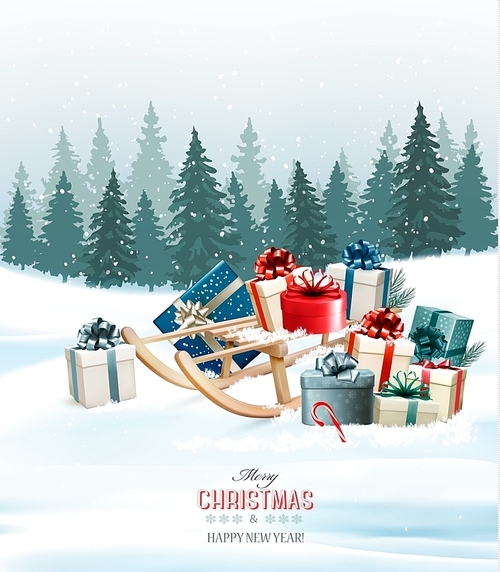 Holiday Christmas greeting card with a colorful gift boxes and retro sledge. Vector.