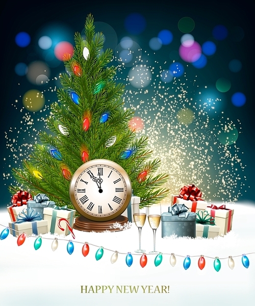 Holiday New Year's background with a Christmas tree, clock and fireworks. Vector.
