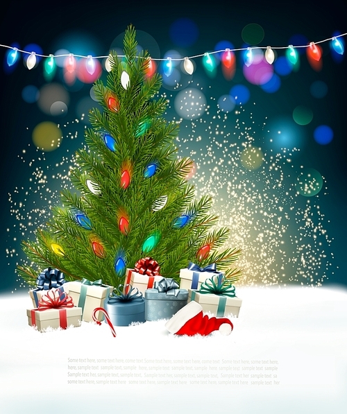 Holiday New Year's background with a Christmas tree and fireworks. Vector.