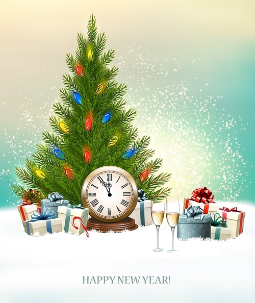 Holiday background with gift boxes, a clock and a Christmas tree. Vector.