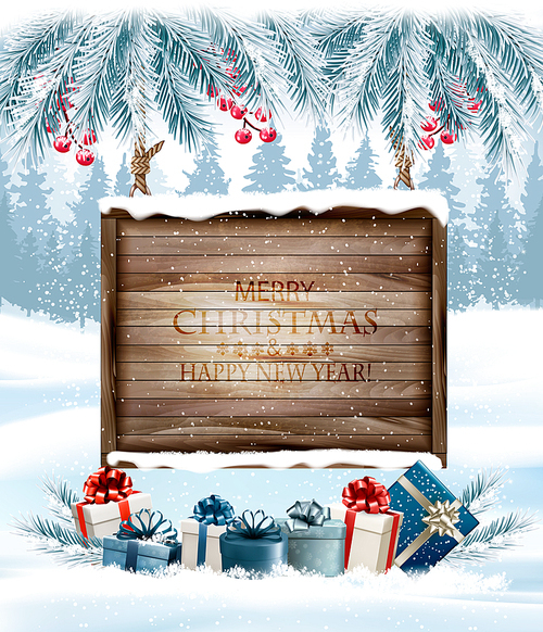 Merry Christmas Background with branches of tree and wooden board.Vector