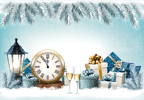 Holiday Christmas background with a gift boxes and clock. Vector