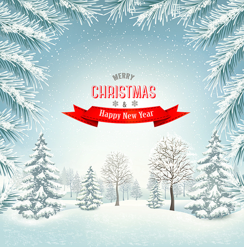 Christmas holiday winter landscape background. Vector.