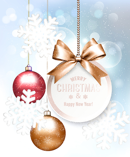 Holiday Christmas background with snowflakes and a colorful balls. Vector