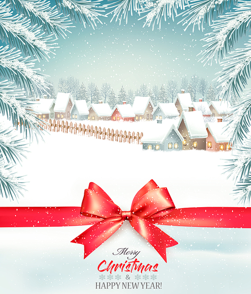 Merry Christmas Background with branches of tree and winter village. Vector