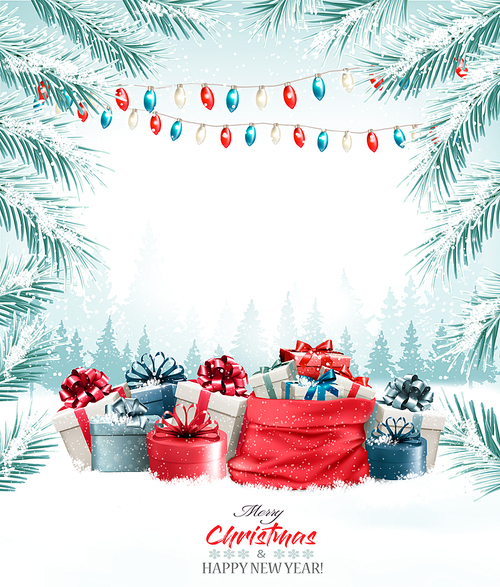 Christmas holiday background with colorful gift boxes. Vector.