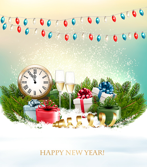 Merry Christmas Background with branches of tree and presents. Vector