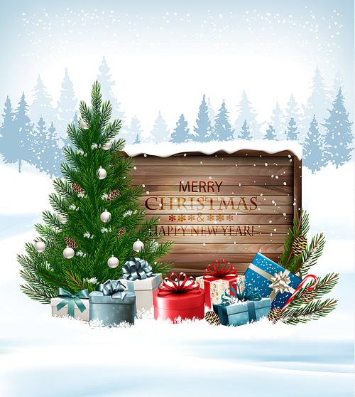 Holiday background with a Christmas tree and presents. Vector