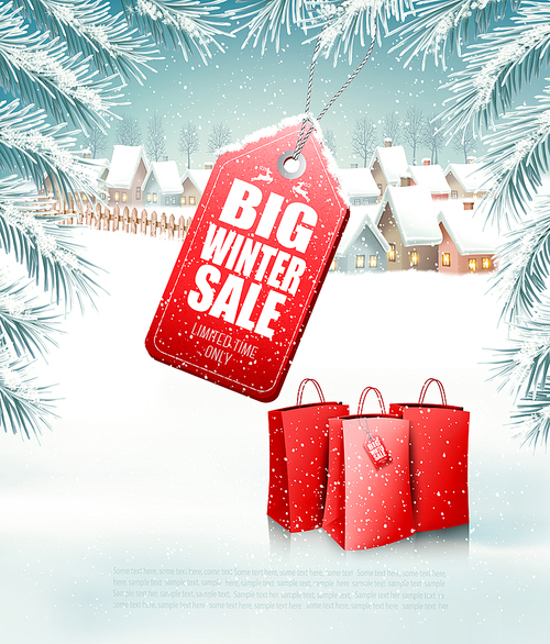 Christmas background with a sale tag and a shopping bags. Vector.