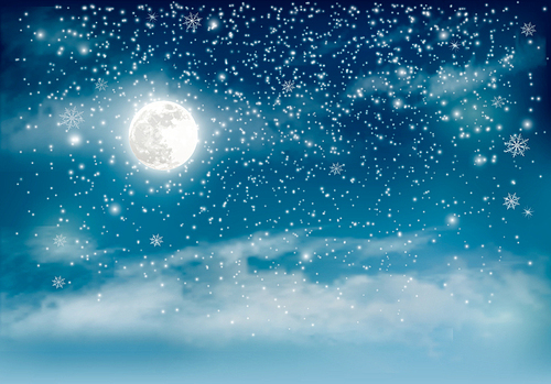Merry Christmas Holiday winter landscape background with snowflakes and moon. Vector